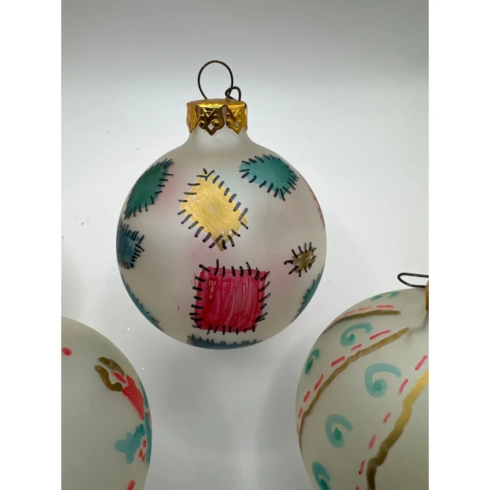 Vintage 1994 Polites Hand Painted Frosted Glass Christmas Ornaments Set of 4